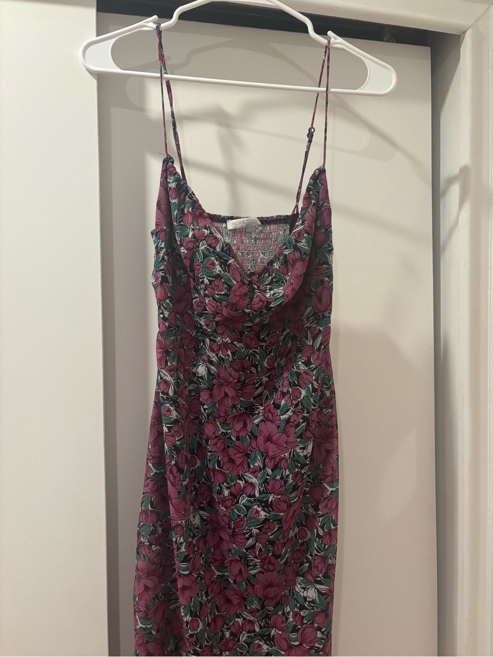 Cowl-Neck Floral Slip Midi Dress in Magenta and Green